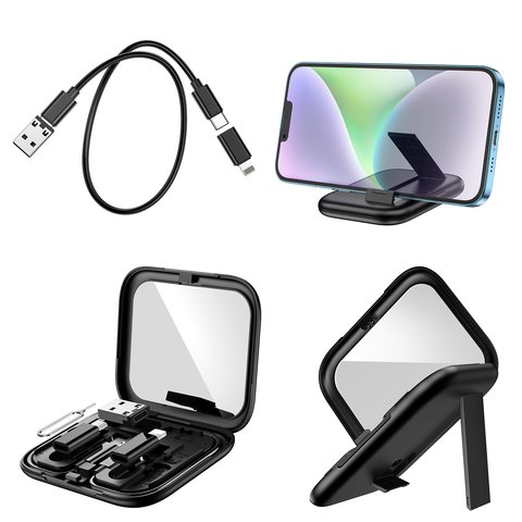 USB кабель Hoco U114, USB тип-C, USB тип-A, micro-USB тип-B, Lightning, 2xUSB тип-C, 28 см, 60 Вт, 3 A, черный, с коробкой для хранения, с зеркалом, с адаптерами, 6 в 1, #6931474790750 Превью 1