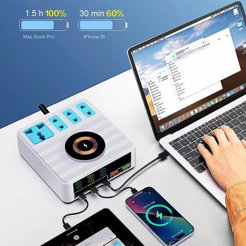 Сетевое зарядное устройство Kingmax WLX-H13, 140 Вт, Wireless Charge, Quick Charge, Power Delivery (PD), с розеткой, 5 портов, 10 in 1 Превью 7