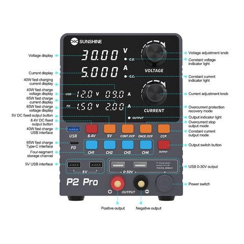 Fuente de alimentación (potencia) Sunshine P2 Pro, de cuatro canales, transformador, hasta 30 V, hasta 5 A, indicadores de diodos de luz, 330W Vista previa  7